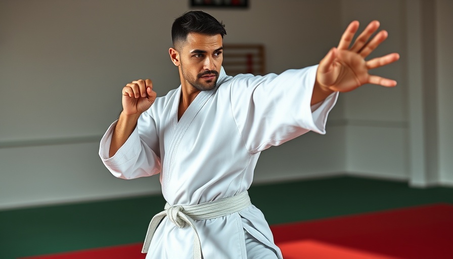 Karate practitioner performing kata in dojo with mats.