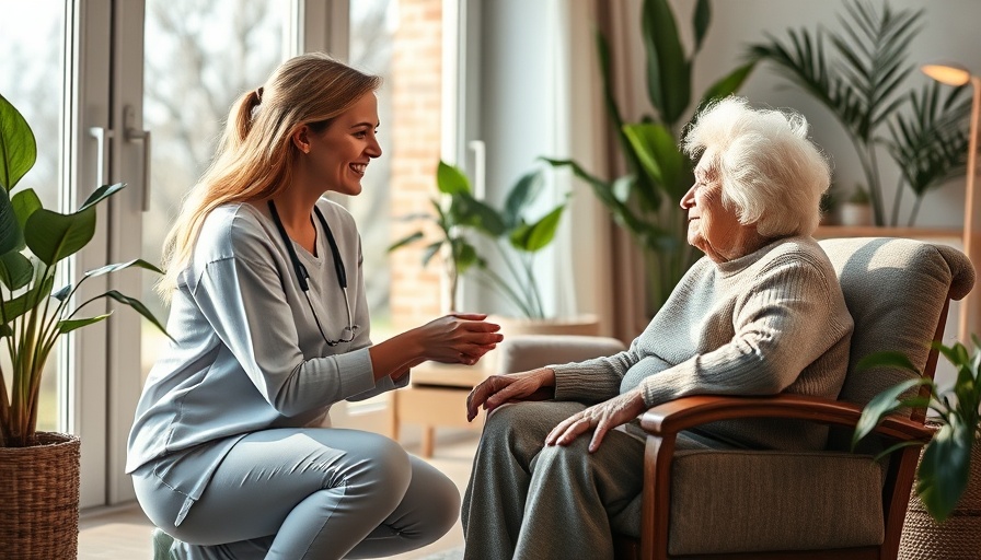 Friendly caregiver with elderly woman in living room, symbolizing senior home care.