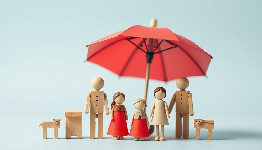 Symbolic wooden family under umbrella illustrating insurance options.