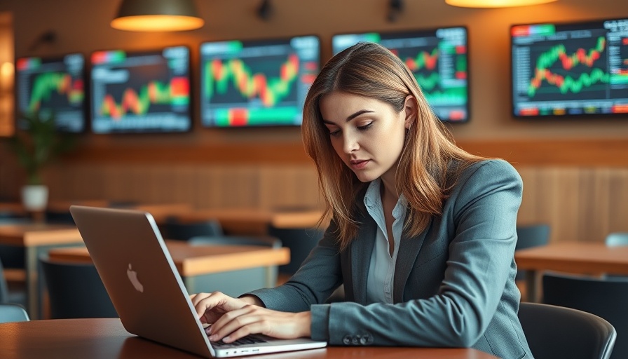 Businesswoman analyzing Meta Platforms stock performance on devices in a cafe.