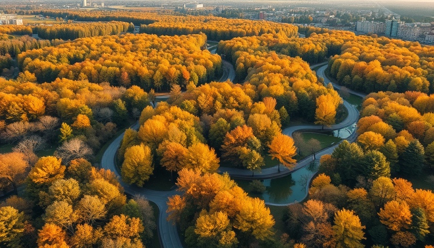 Aerial view of Forest Park restoration with autumn trees and pathways.