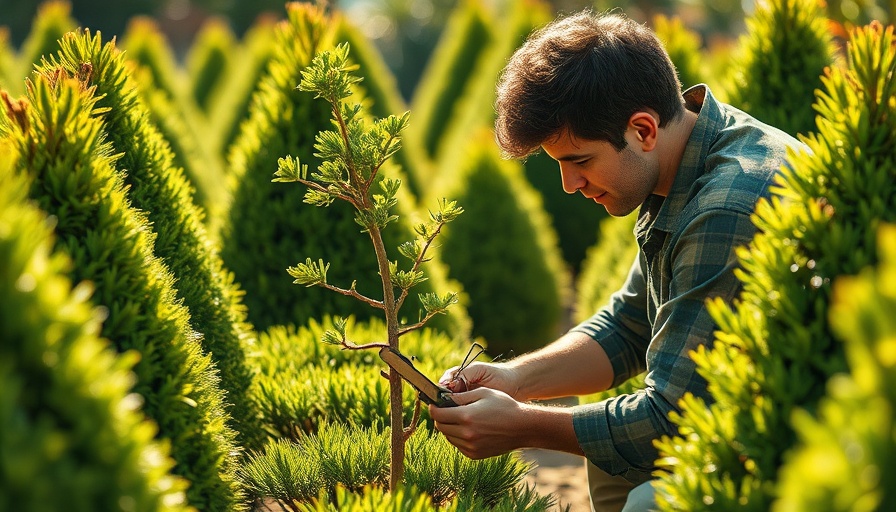 Gardener focused on tree pruning in vibrant green garden, fall yard cleanup tips.