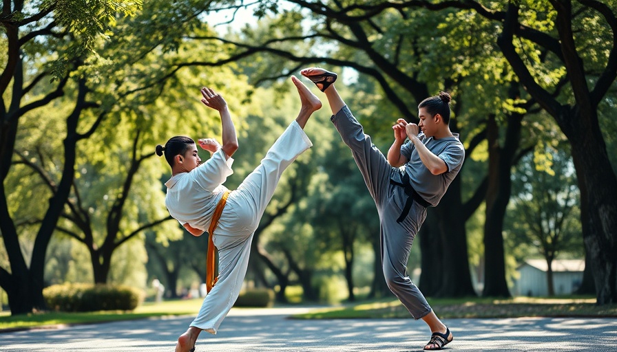 Martial artists in Gurnee practicing high kicks outdoors.