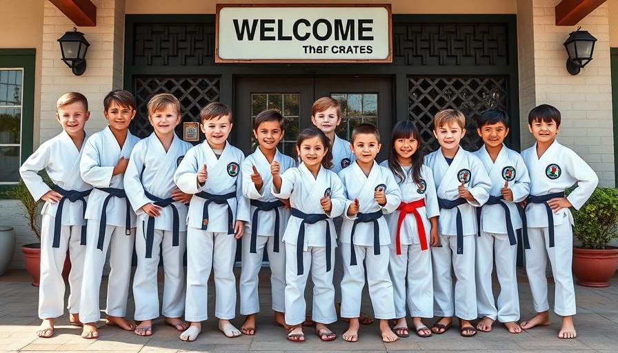 Children in karate uniforms outside a building promoting Karate lessons Gurnee.