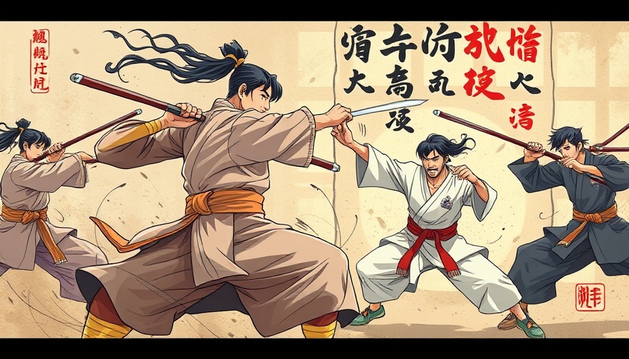 Illustration of martial artists practicing swordplay with Asian script.