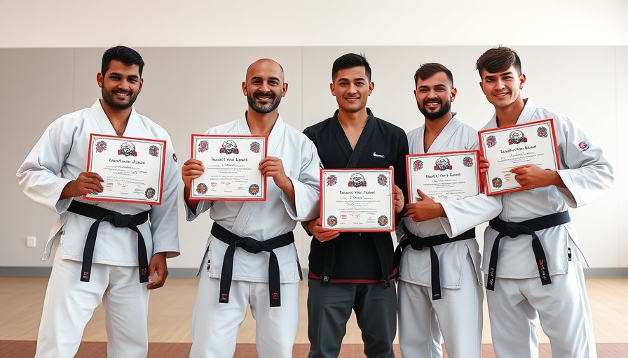 Martial artists with black belts showcasing awards, emphasizing emotional resilience.