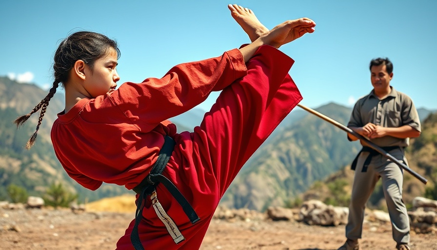 Martial arts training in scenic mountains with focused high kick, Gurnee.