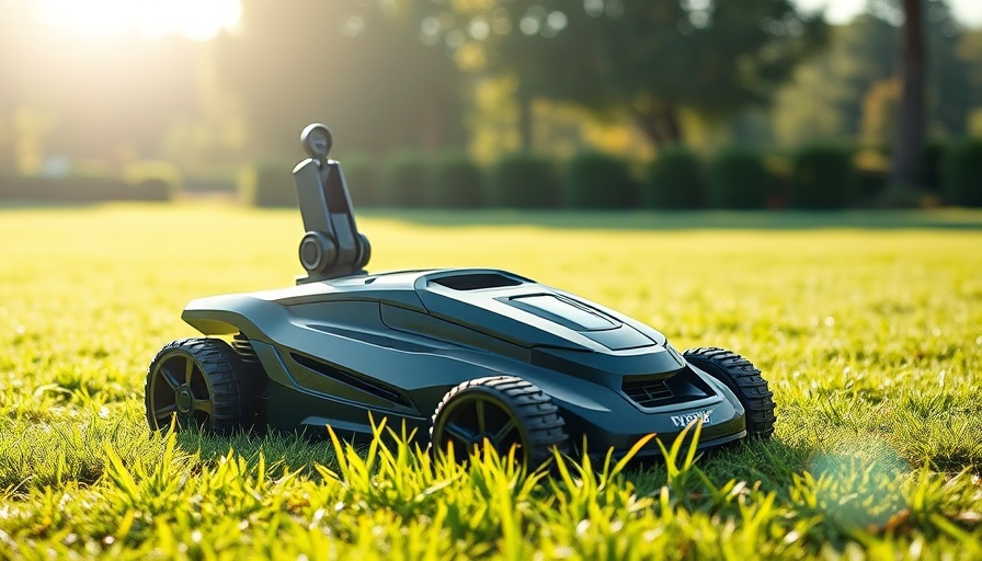 Robotic lawn mower with mechanical arm on green lawn