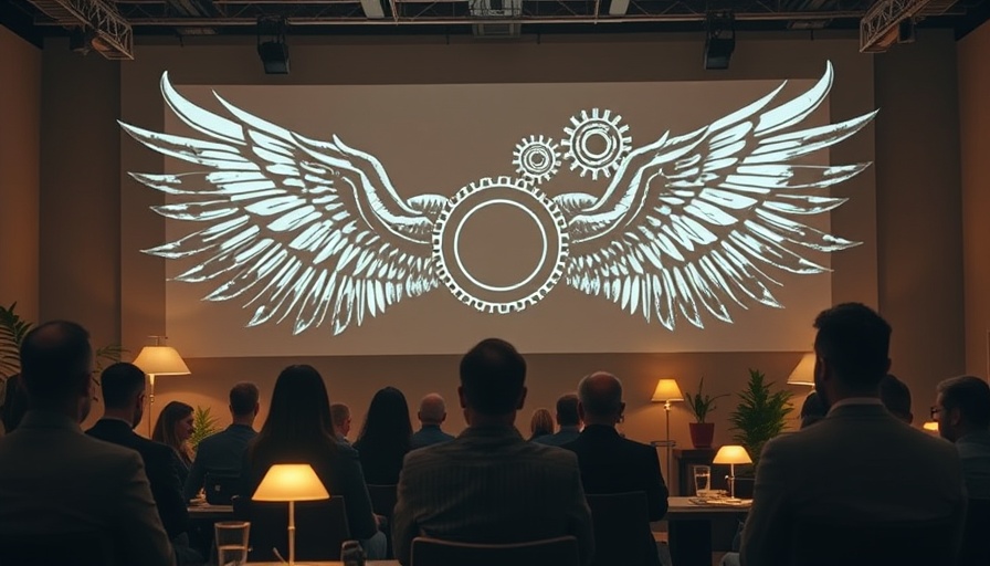 Futuristic press release setup in a modern conference.