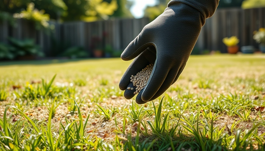Gloved hand spreading seeds for overseeding a lawn without aerating.