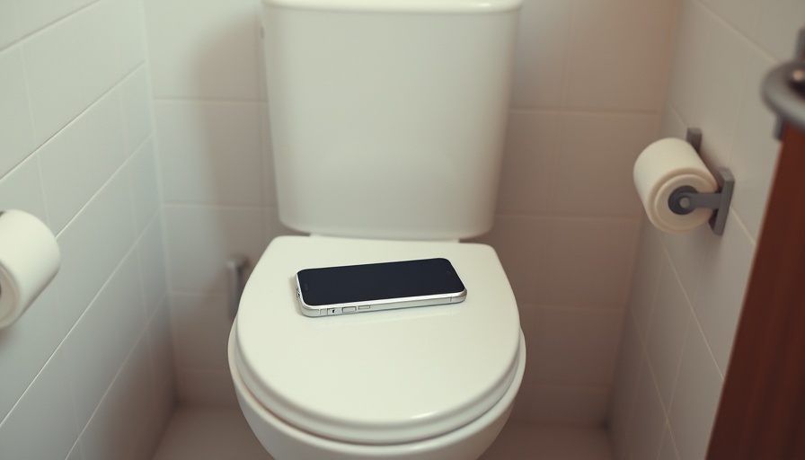 Smartphone on toilet cistern illustrating pressure and hemorrhoid risk due to phone use.