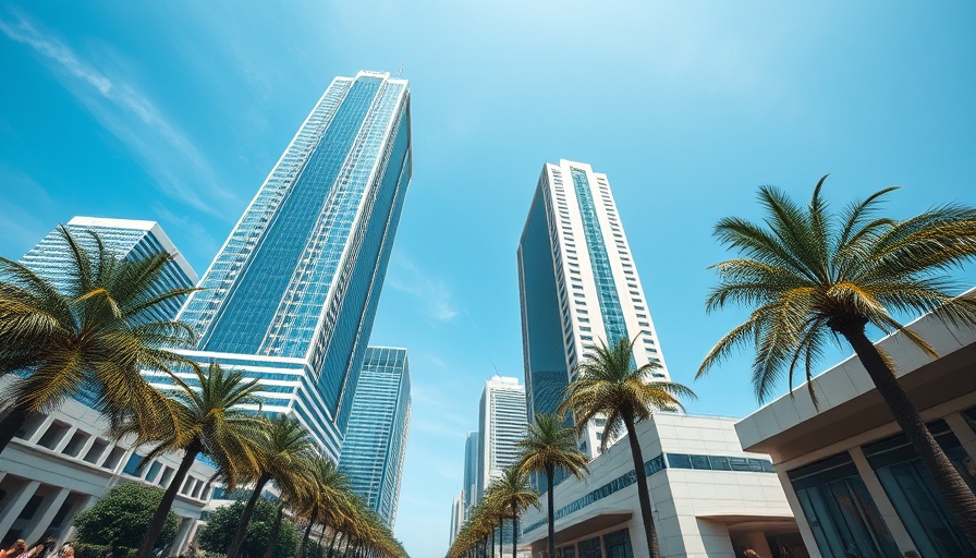 Urban landscape with modern skyscrapers and palm trees.
