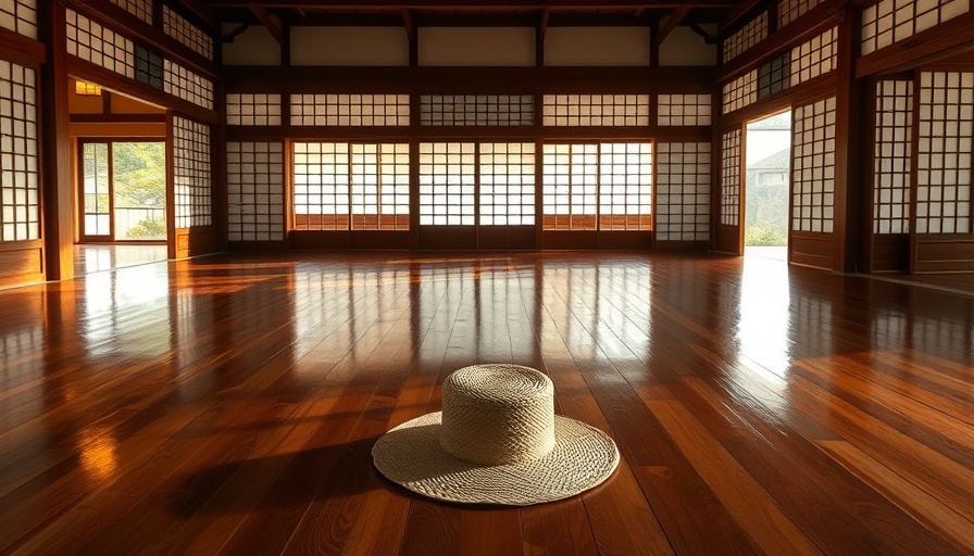 Karate Day Okinawa dojo interior with straw hat on floor.