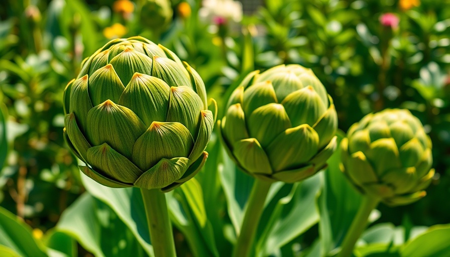 Artichokes growing in a sunny garden, fall perennial vegetables.
