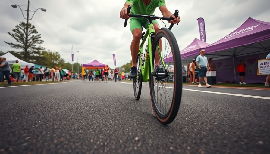 Cyclist at Alzheimer's disease fundraising event with tents and people.