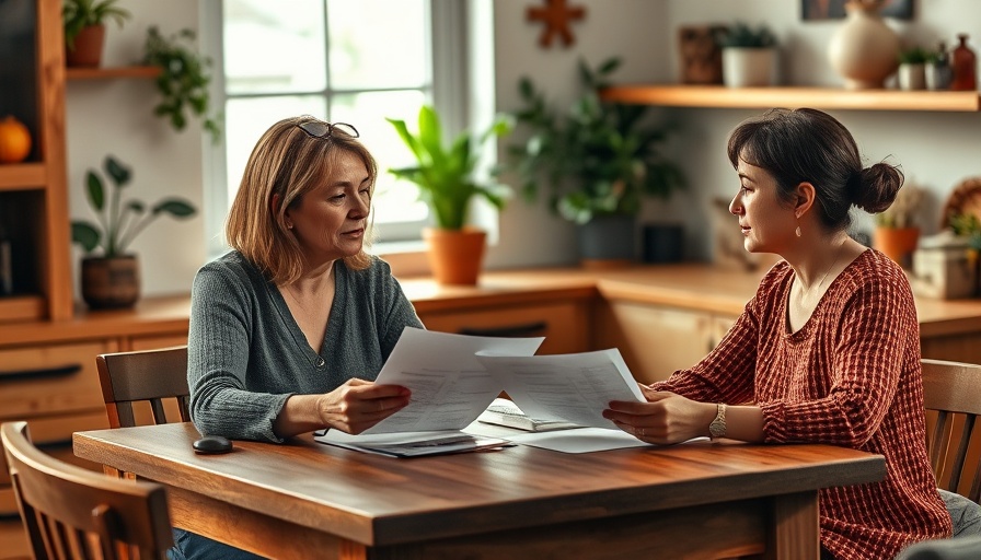 Women discussing social security cuts over documents at kitchen table.