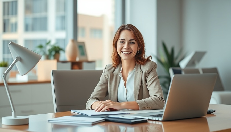 Confident woman at desk promoting hormonal health in women.