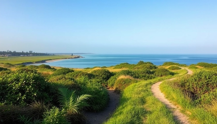 Scenic coastal path combating coastal flooding, lush greenery.