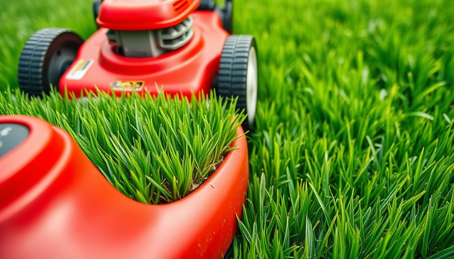 Close-up of a lawnmower trimming grass for lawn maintenance in Shelby, Michigan.