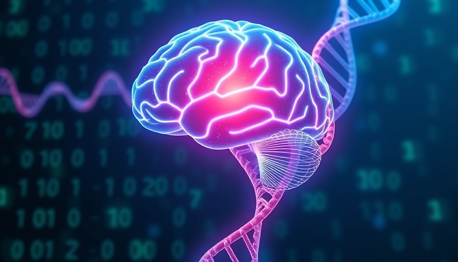 Glowing digital brain and DNA strand representing Alzheimer's Disease gene expression control.
