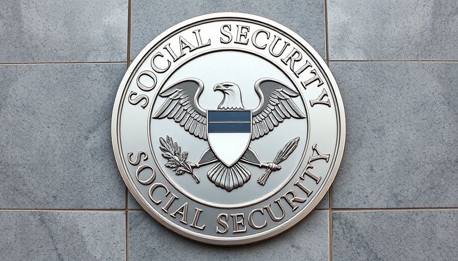 Metallic Social Security sign on stone wall, Apply for Social Security in Muskegon.