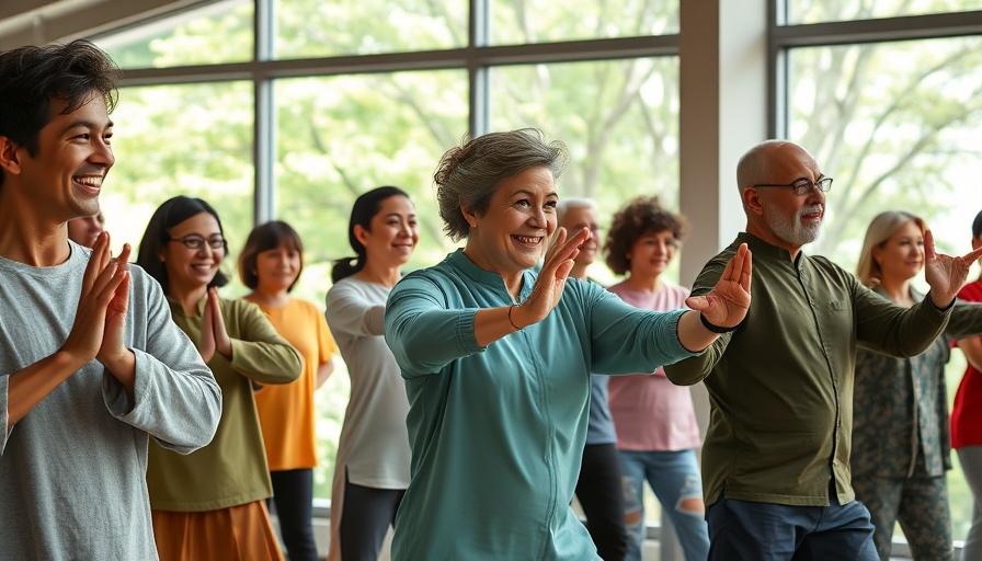 Tai Chi for Seniors group in Muskegon practicing indoors, smiling.