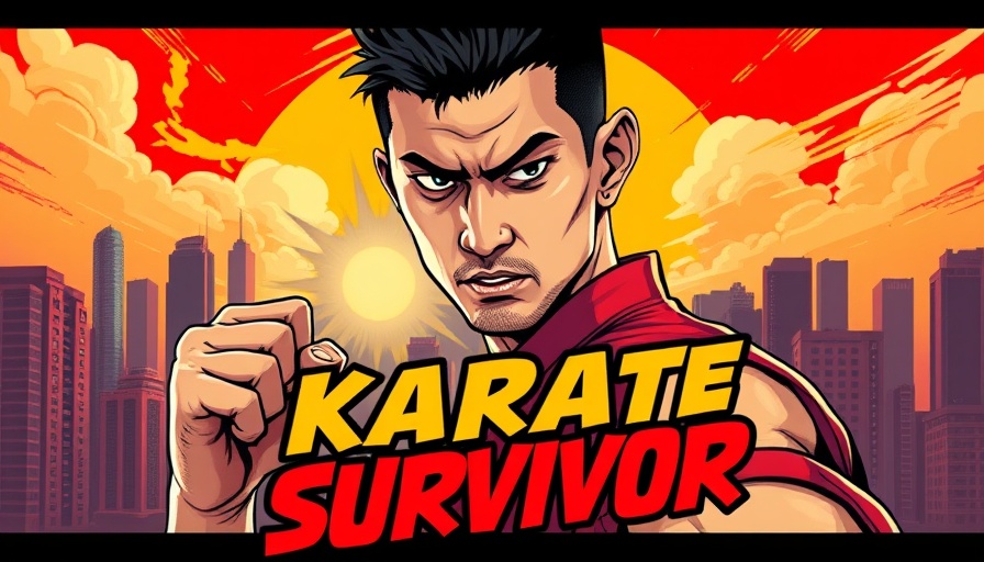 Karate Survivor illustrated poster with martial artist and city skyline.