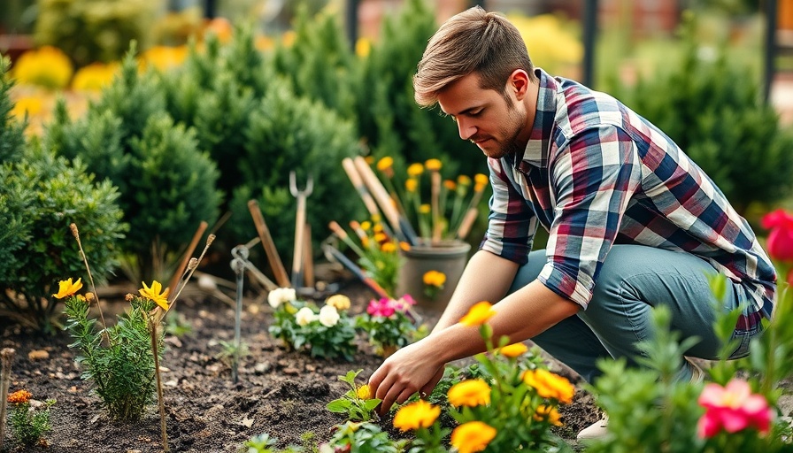 Lawn care worker in P.E.I. garden with tools and plants.