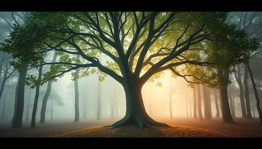 Surreal tree in forest with names on leaves, symbolic scene.