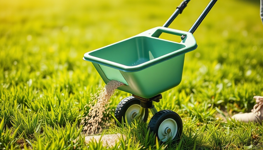 Using best fall lawn fertilizer with handheld spreader on green grass.