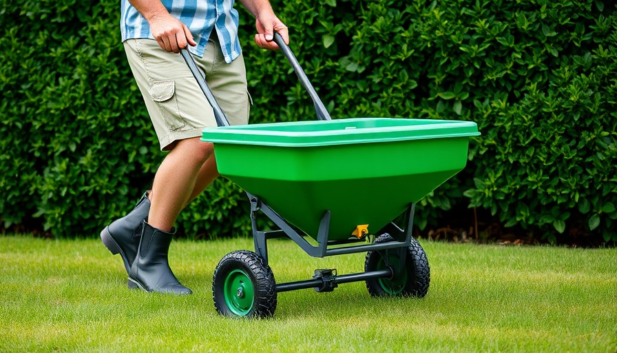 Elderly person applying fall fertilizer, pushing spreader on grass.