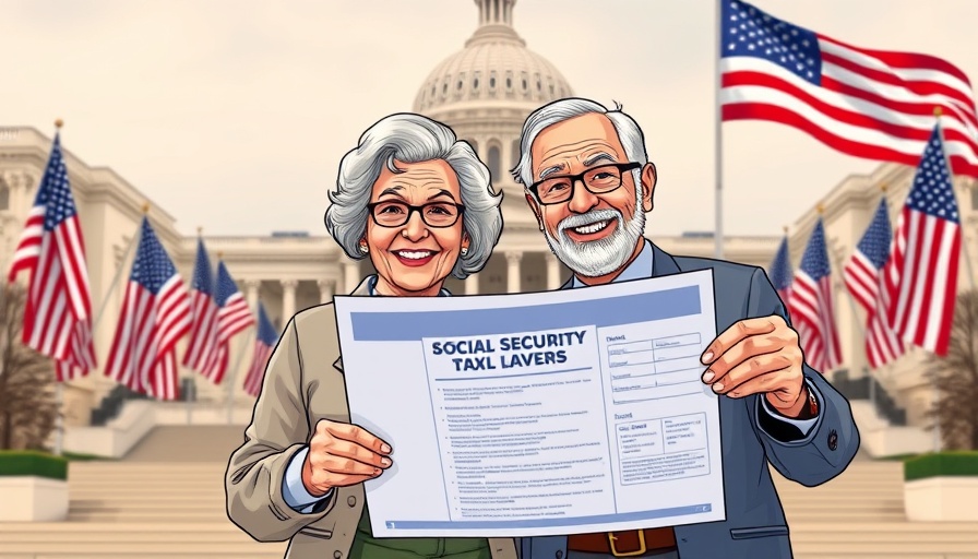 Cartoon of elderly couple with Social Security taxes document in front of Capitol.