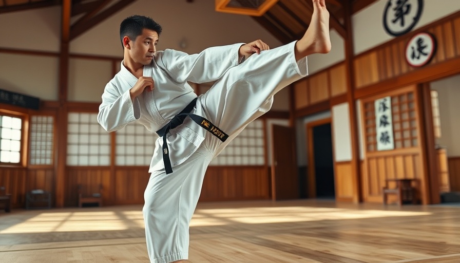 Karate practitioner executing kick in dojo, daily self training.