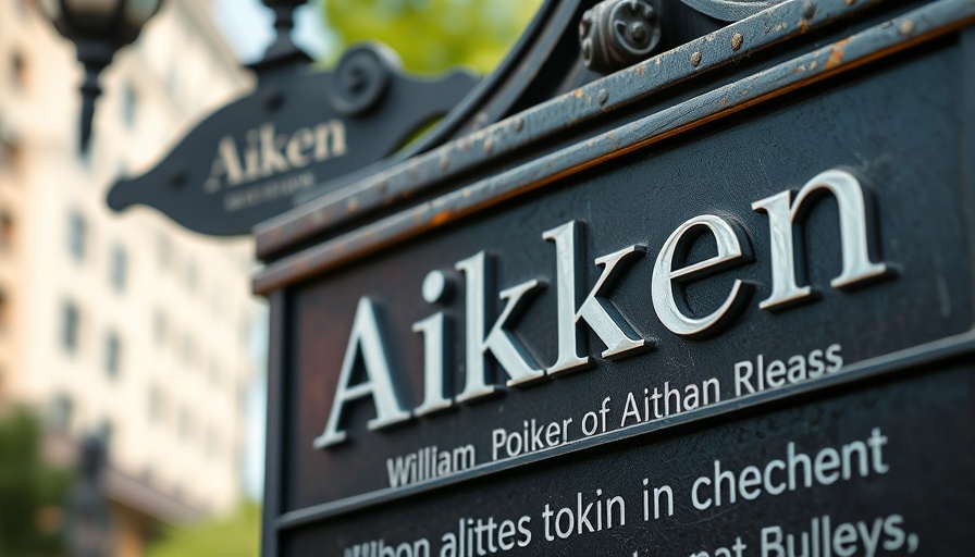 City sign for Aiken with historical text.