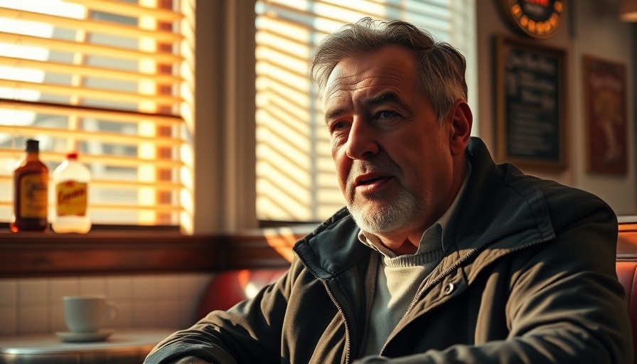 Man talking in a retro diner, sunlight through blinds.