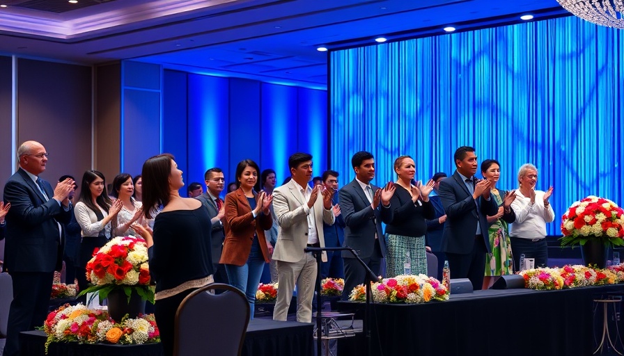 Speakers at Jeffrey Scott Summer Growth Summit on stage with flowers.