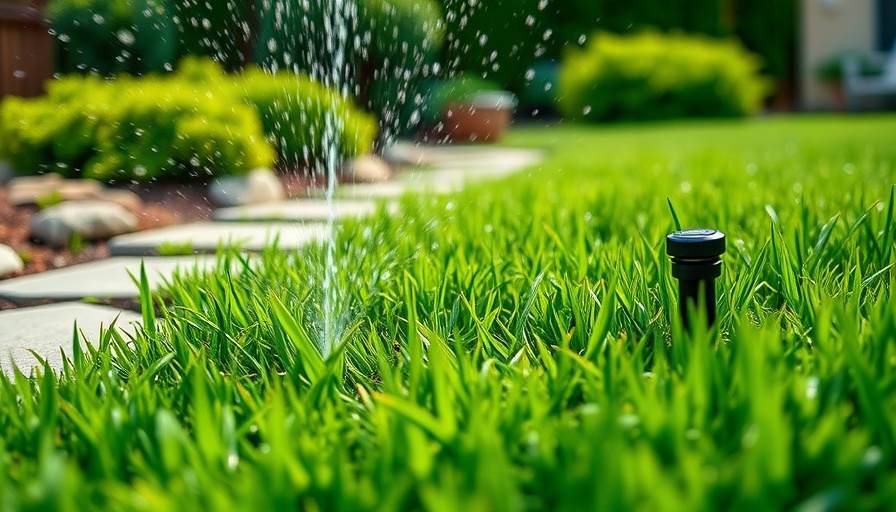 Sprinkler watering green lawn for fall lawn care of cool-season grasses.
