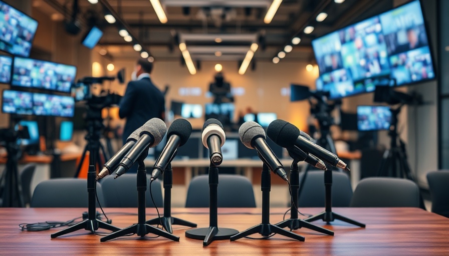 Modern press conference setup with microphones and screens.