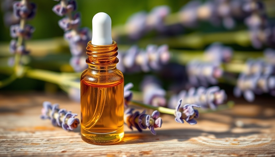 Amber bottle with dropper and lavender flowers on wood, highlighting lavender oil benefits for post-surgery anxiety.