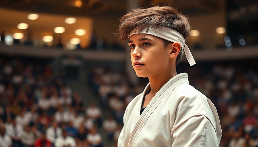 Young martial artist in white gi, focused in competition.