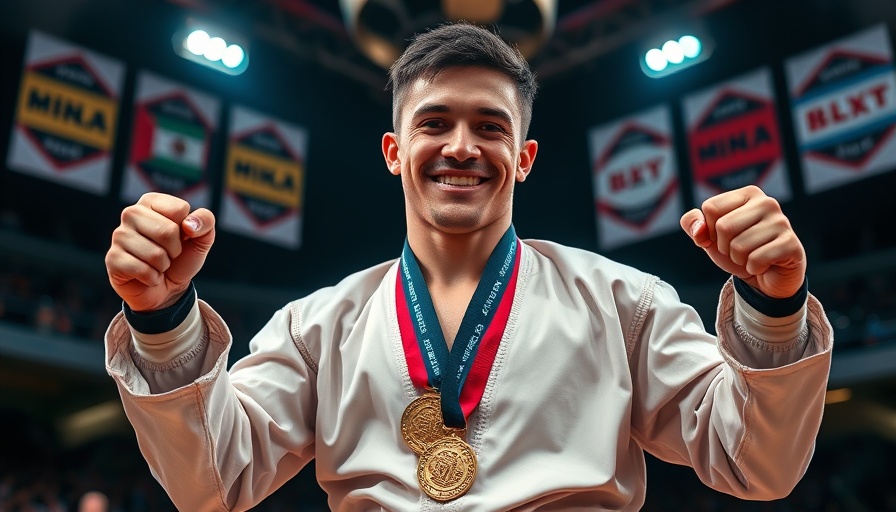 Martial artist with medals at tournament podium, martial arts classes Gurnee.