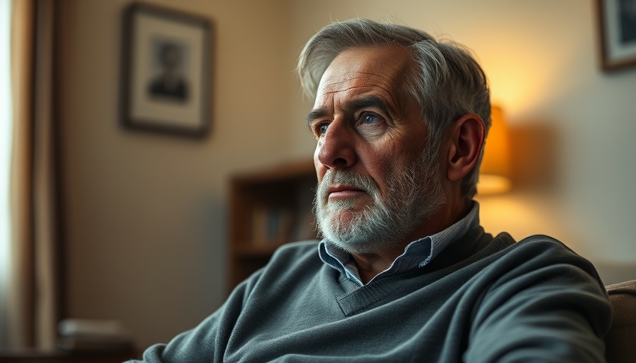 Older man in contemplative pose indoors, warm lighting.