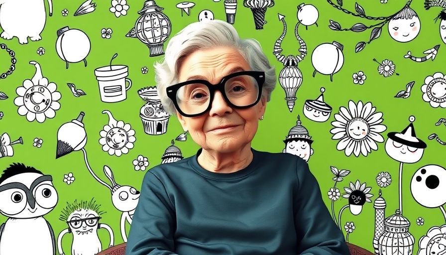 Whimsical portrait of older woman with glasses surrounded by illustrations, green background.