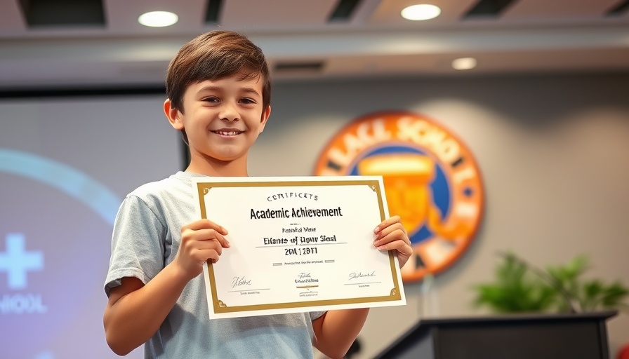 Young student receiving academic award, smiling on stage.