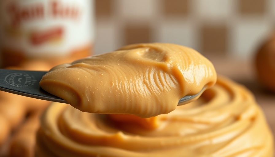 Creamy peanut butter on a knife, close-up shot.
