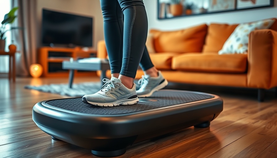 Person using a vibration plate for back pain relief in a cozy living room.
