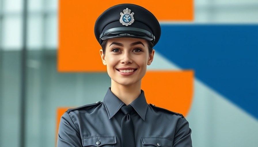 Professional female officer smiling against geometric background.