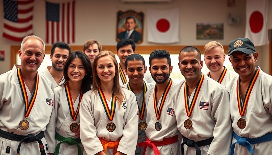 Martial arts class in Gurnee posing with medals in a dojo.