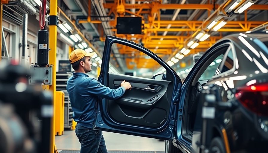 Automotive assembly line at Ford, worker fitting car door, bustling factory.
