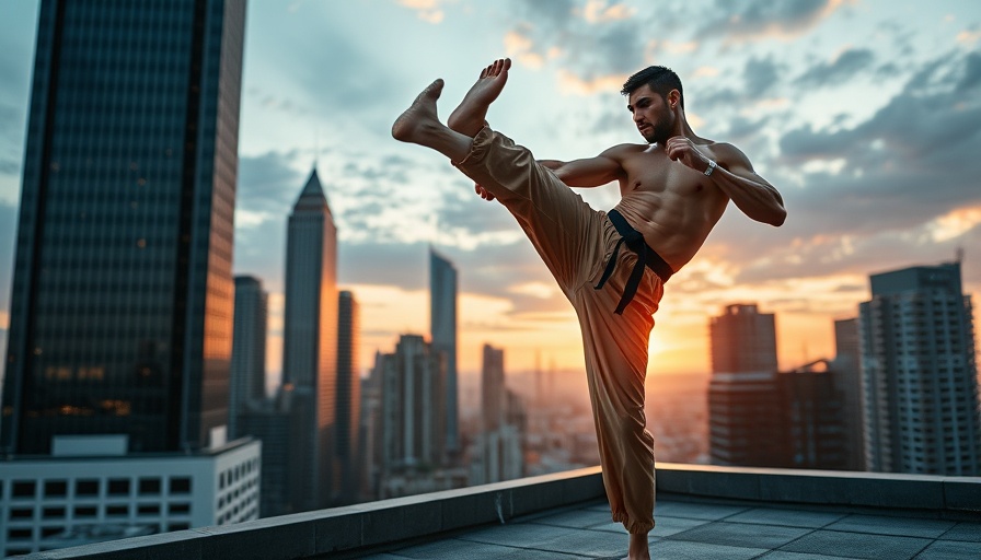 Karate Kid performing high kick on rooftop against skyscraper backdrop.